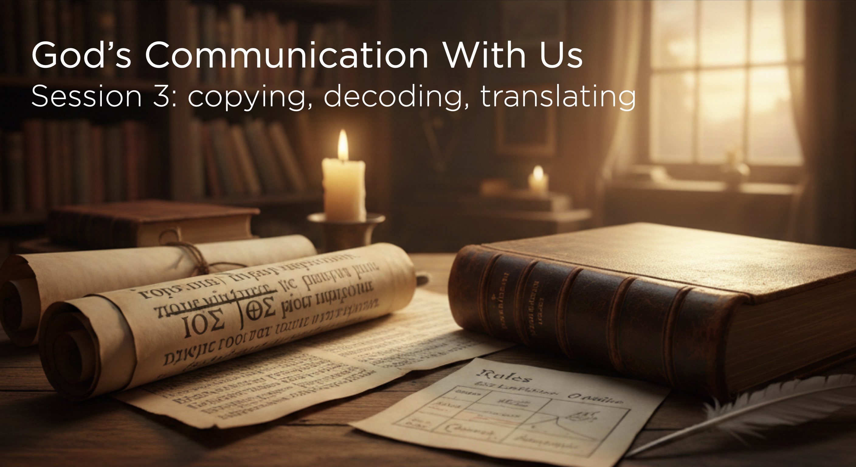 Antique scrolls, an old leather-bound book, a candle, and a quill on a wooden table in a dimly lit room, with the text 'God’s Communication With Us Session 3: copying, decoding, translating' overlayed.